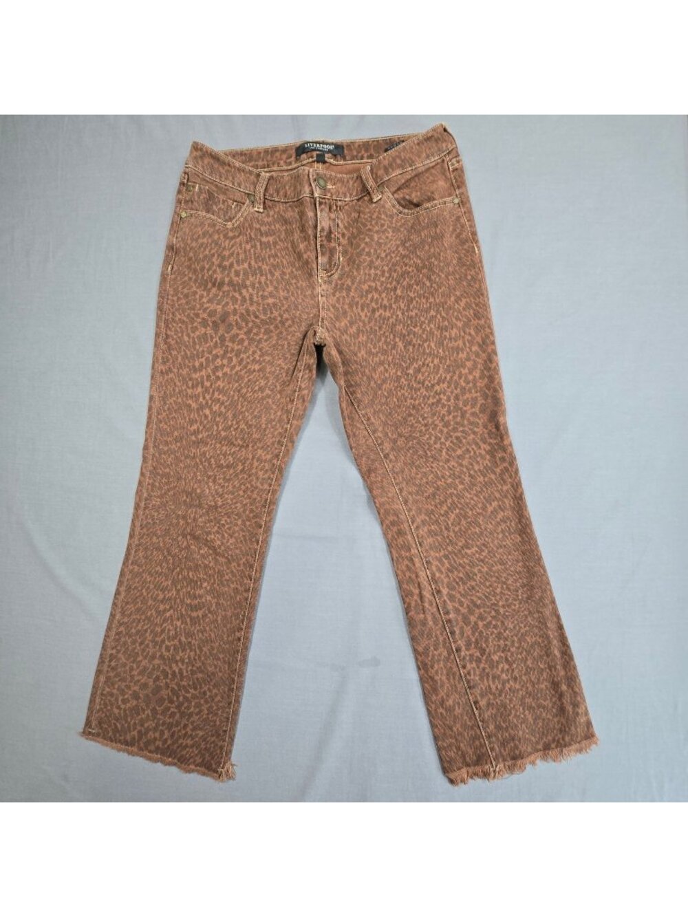Liverpool Size 27 Animal Print Flared Crop Jeans Brown Raw Hem Leopard Denim